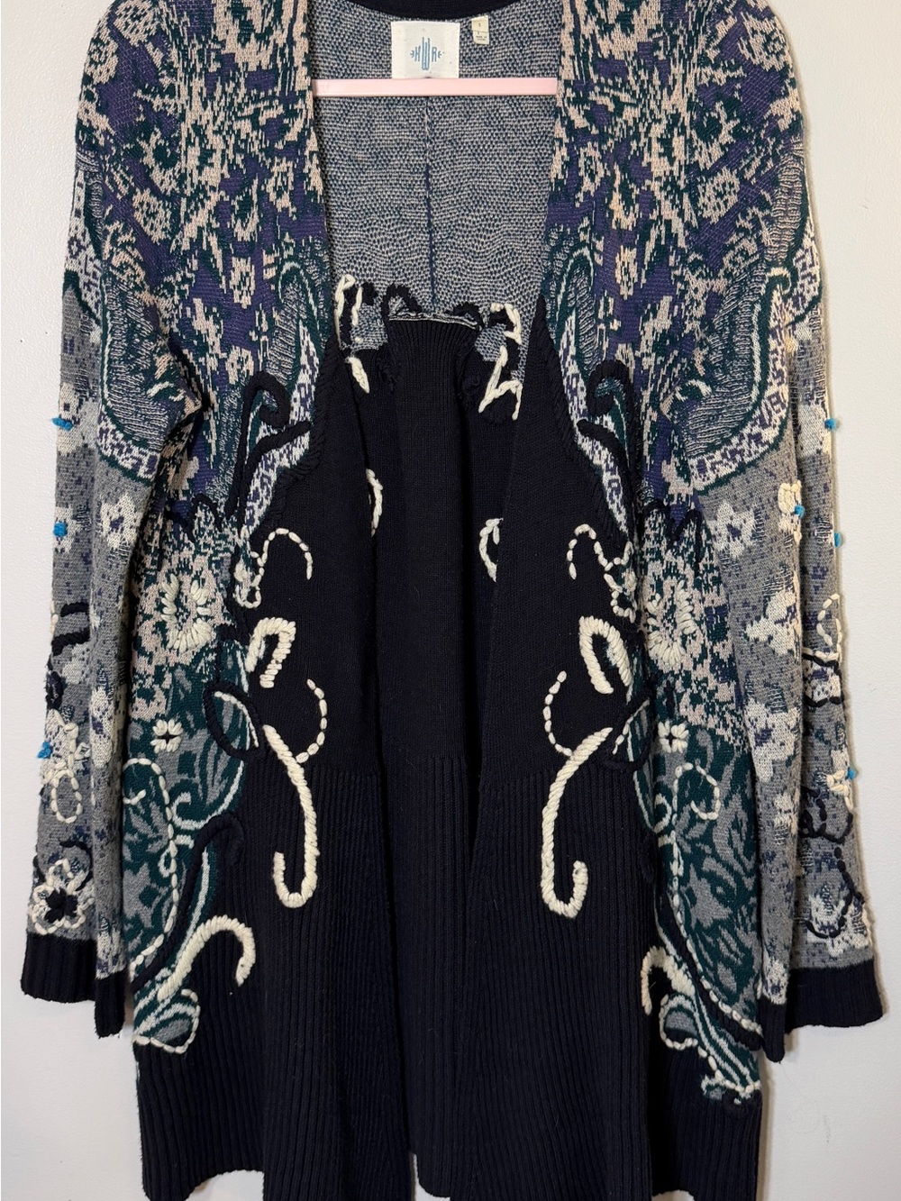Anthropologie monogram HWR Emmia embroidered open front cardigan sweater small